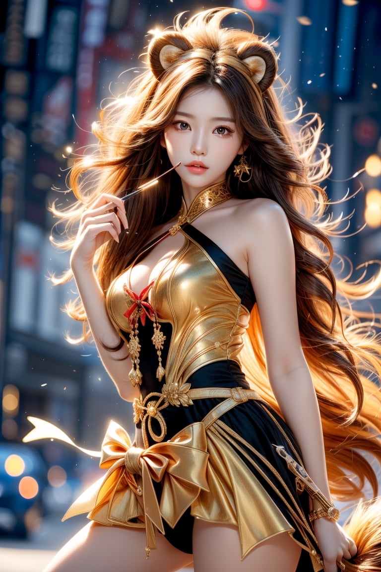 cute pose,beautiful korean girl, holding a battle bow, aim at bow,ready to shoot,curly hair,lion girl,golden lion hair