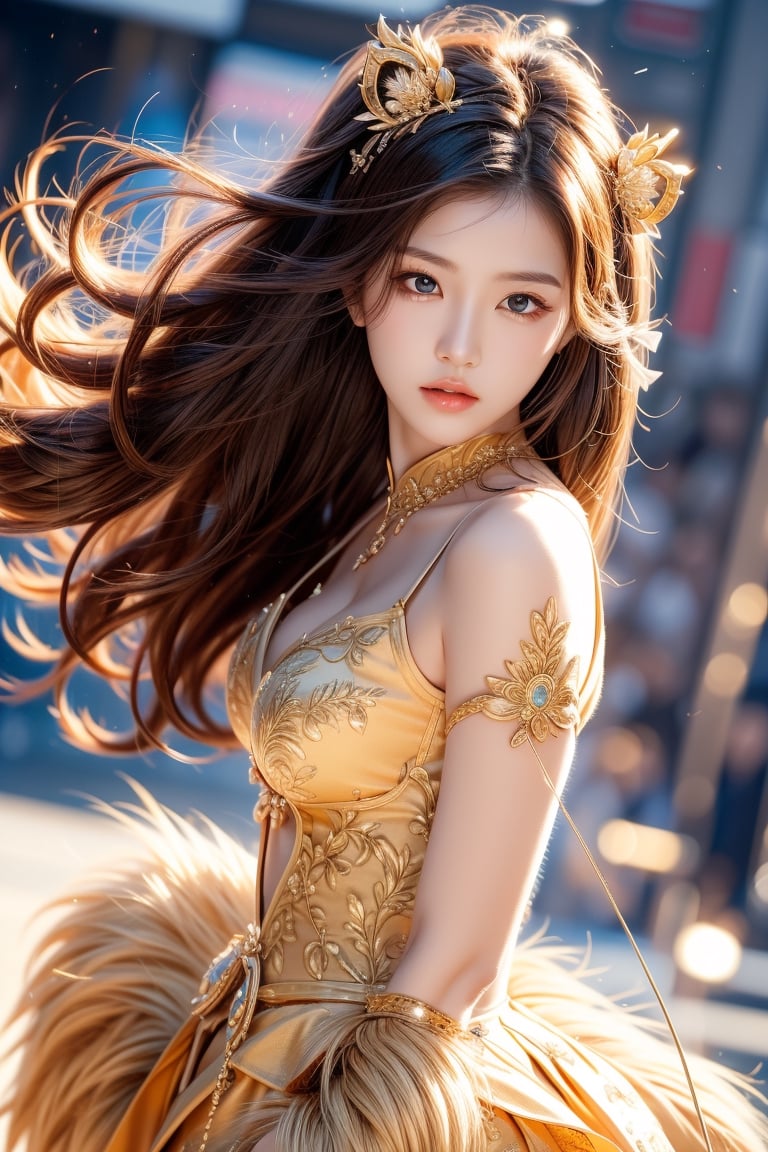 sweet pose,beautiful korean girl, holding a battle bow, aim at bow,ready to shoot,curly hair,lion girl,golden lion hair