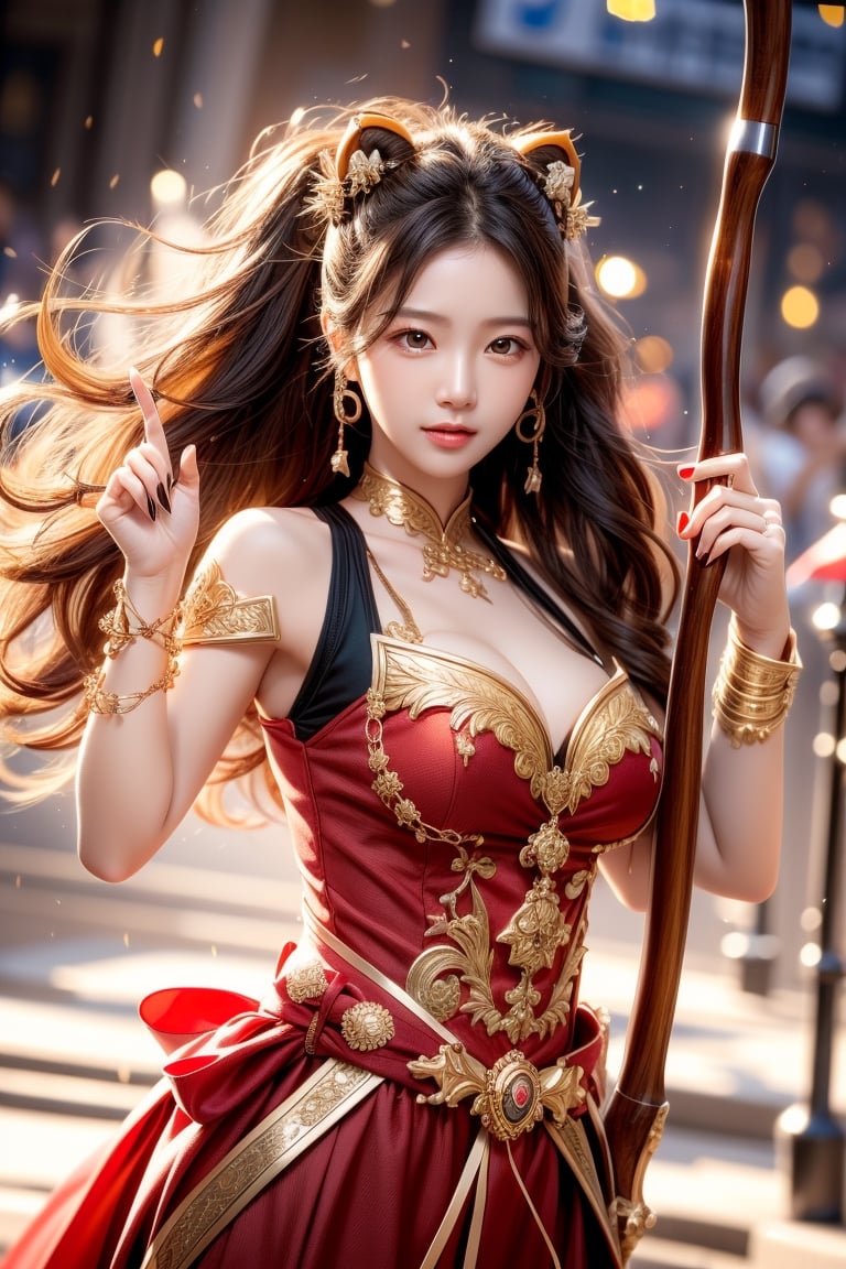 cute pose,beautiful korean girl, holding a battle bow, aim at bow,ready to shoot,curly hair,lion girl,golden lion hair