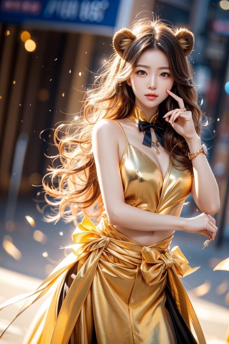 cute pose,beautiful korean girl, holding a battle bow, aim at bow,ready to shoot,curly hair,lion girl,golden lion hair