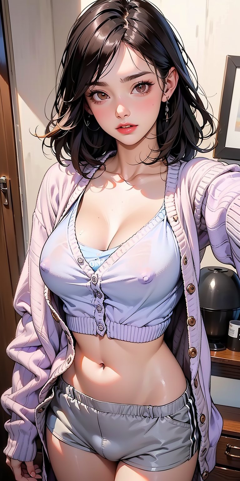  best quality,  (1lady, solo, lower body, front_view, facing_viewer :1.5), (black hair:1.4), (full color:1.5), hot body, (brown eyes: 1.5), (big breasts, braless: 1.5), Clothes: (cardigan, lilac calvin klein boyshorts: 1.5), Appearance: medium hair, natural makeup, long legs, cute, petite, Location: bedroom, Hobbies: workout, low_angle, frow_below, lewd, cameltoe, NSFW, startled,ffc selfie, best_friend, exposed