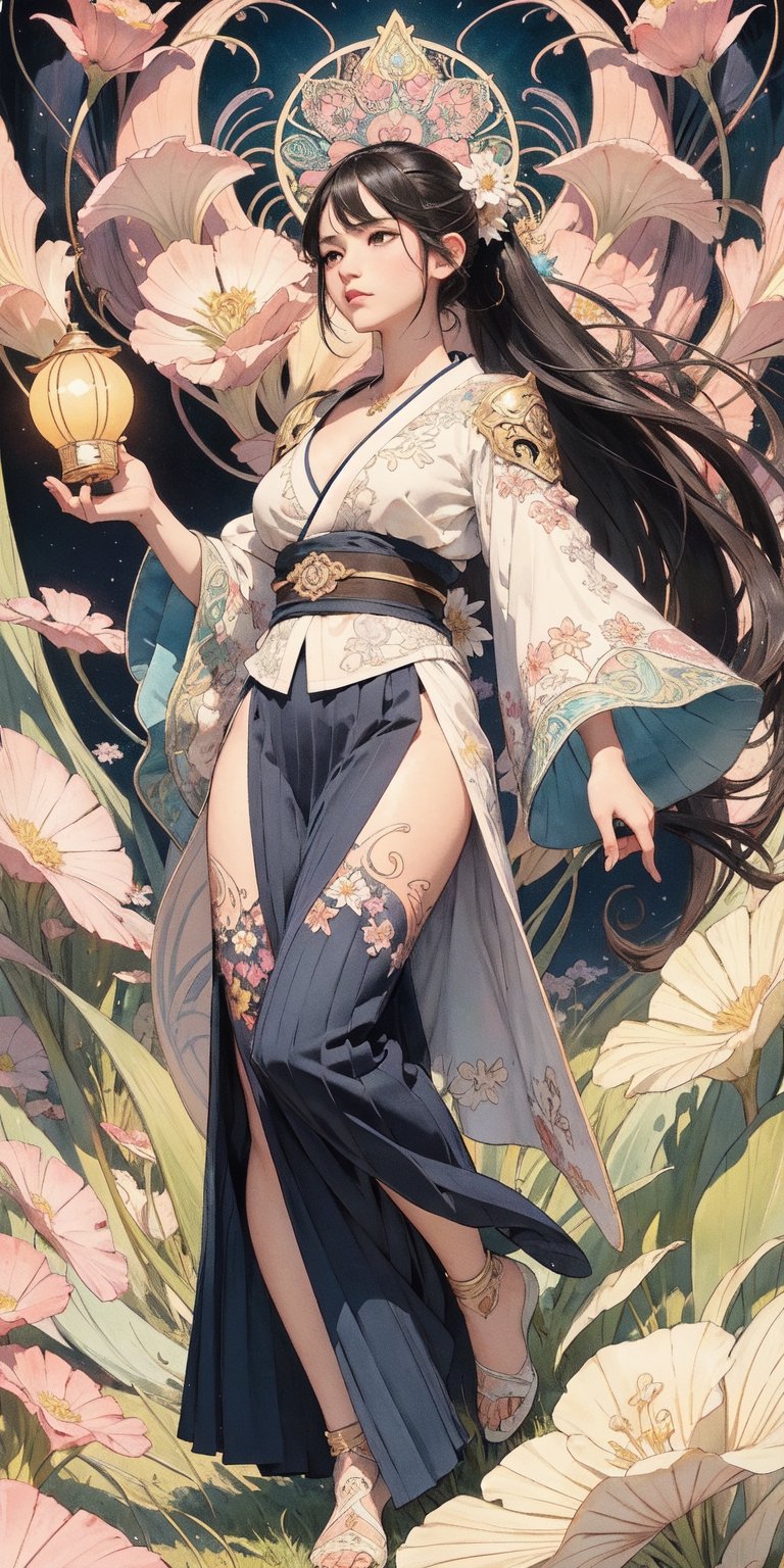 Full body shot, low angle of view, (masterpiece, best quality, highly detailed, ultra-detailed, intricate), illustration, pastel colors, art_nouveau, tarot, offcial art, 8k ,ultra - detailed,masterpiece,Best quality at best,（zentangle,datura,Tangles,entangled）,（ecstasy of flower：1.2）,(Fractal Art:1.3), (anger, revenge, fight),dynamic angle,cowboyshot,The most beautiful form of chaos,Fauvistdesign,vivid colour,romanticism lain,1girl, solo, long hair, breasts, bangs, skirt, black hair,  standing, ponytail, Navy blue japanese clothes, wide sleeves, Deep V-neck, cleavage, pleated mini skirt, kimono, armor, sash, clear pattern, watercolor, Solid background, lanterns, electrical wires, vibrant colors,fight scene,Add more detail,perona