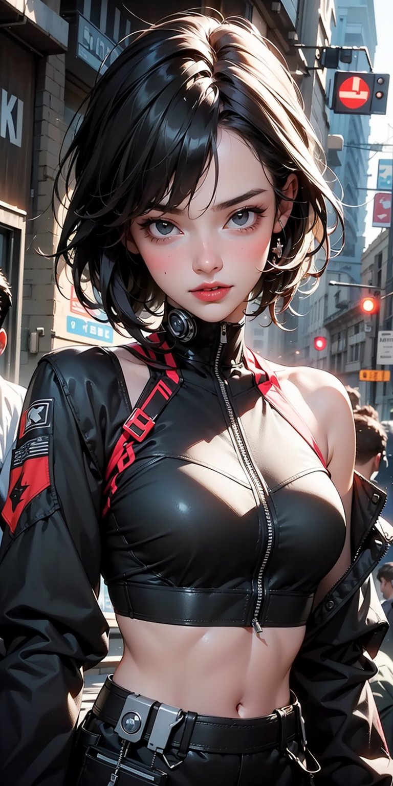 beautiful, realistic, masterpiece, HD, 1 girl, ((futuristic black tactical suit)), sexy, charming, seductive, special operation agent, crop top off shoulder, advanced gadgets, holding weapons, urban techwear