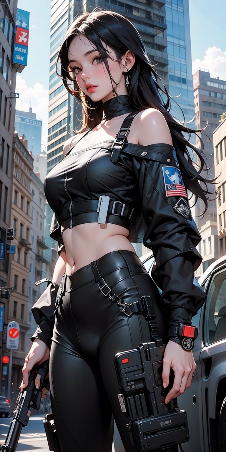 beautiful, realistic, masterpiece, HD, 1 girl, ((futuristic black tactical suit)), sexy, charming, seductive, special operation agent, crop top off shoulder, advanced gadgets, holding weapons, urban techwear