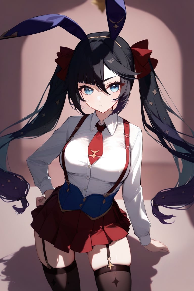 ((by ask)),amazing quality, masterpiece, best quality, absurdres, beautiful, detailed shadow, aesthetic,chromatic aberration, blurry background,mona_(genshin_impact), 1girl, 1girl, solo, skirt, animal_ears, thighhighs, rabbit_ears, twintails, necktie, rabbit_tail, blue_eyes, garter_straps, pleated_skirt, looking_at_viewer, long_hair, jacket, red_skirt, tail, red_necktie, miniskirt, thighs, long_sleeves, black_hair, hand_on_hip, bangs, breasts, shirt, black_jacket, black_thighhighs, zettai_ryouiki, buttons, white_shirt, skindentation, hair_between_eyes, collared_shirt, closed_mouth, medium_breasts, cowboy_shot, standing, suspenders, hair_ribbon, ribbon,simple_background, chromatic aberration,harevv
