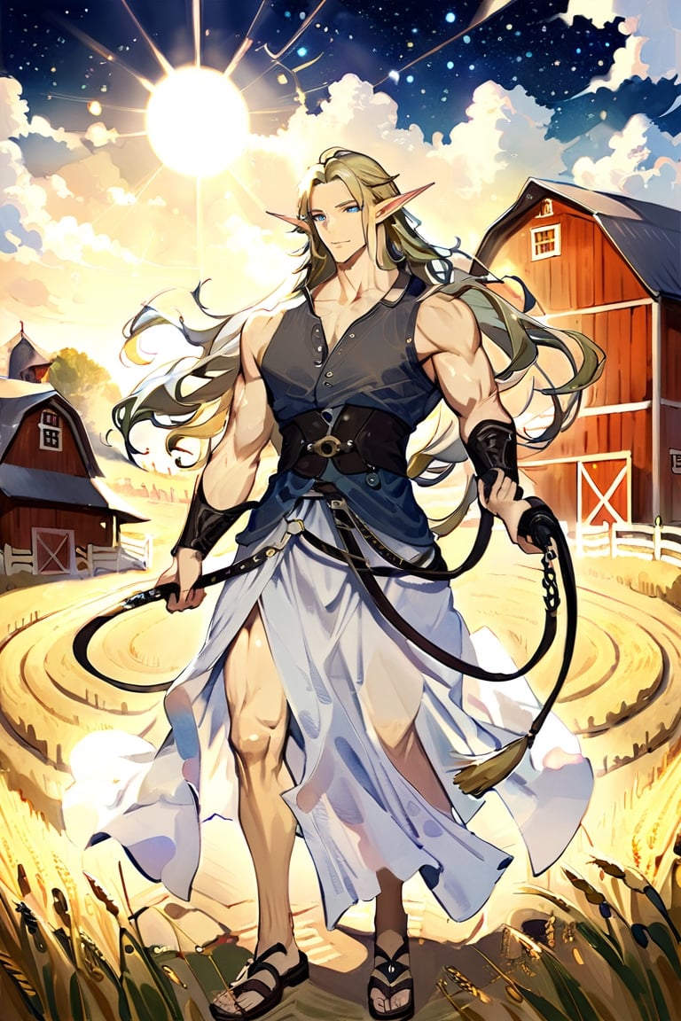 High detail, high quality, masterpiece, beautiful, dark, bright blue eyes, pale skin, pointed ears, elf ears, elf, high elf, hi-elf, (light blonde hair, long, wavy), (brown linen shirt, long shirt, fabric belt, thick belt, v neckline), skirt, sandals, gemini zodiac sign, zodiac, 1 young man, man, solo, tall, strong, muscular, thick, thick shoulders, thick neck, thick arms, big, holding a whip, byre background, horsehouse, barn, farm, horses, horse, hay, wheat