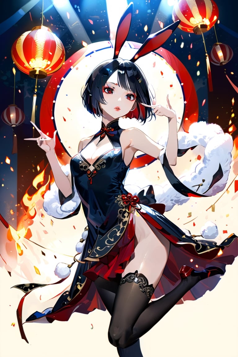 High detail, high quality, masterpiece, beautiful, dark, Asian eyes, rabbit ears, (short black hair, bob), (fitted, sleeveless, low-cut pink du dou tunic), (ruqun skirt with a side slit), traditional Chinese shoes, short, 1 young woman, silk stockings, small stature, very large bust, adorned with makeup, lined eyes, painted lips, blowing a kiss forward, standing on one leg, leaning forward, background of a Chinese circus, lights, fire, circus paraphernalia.