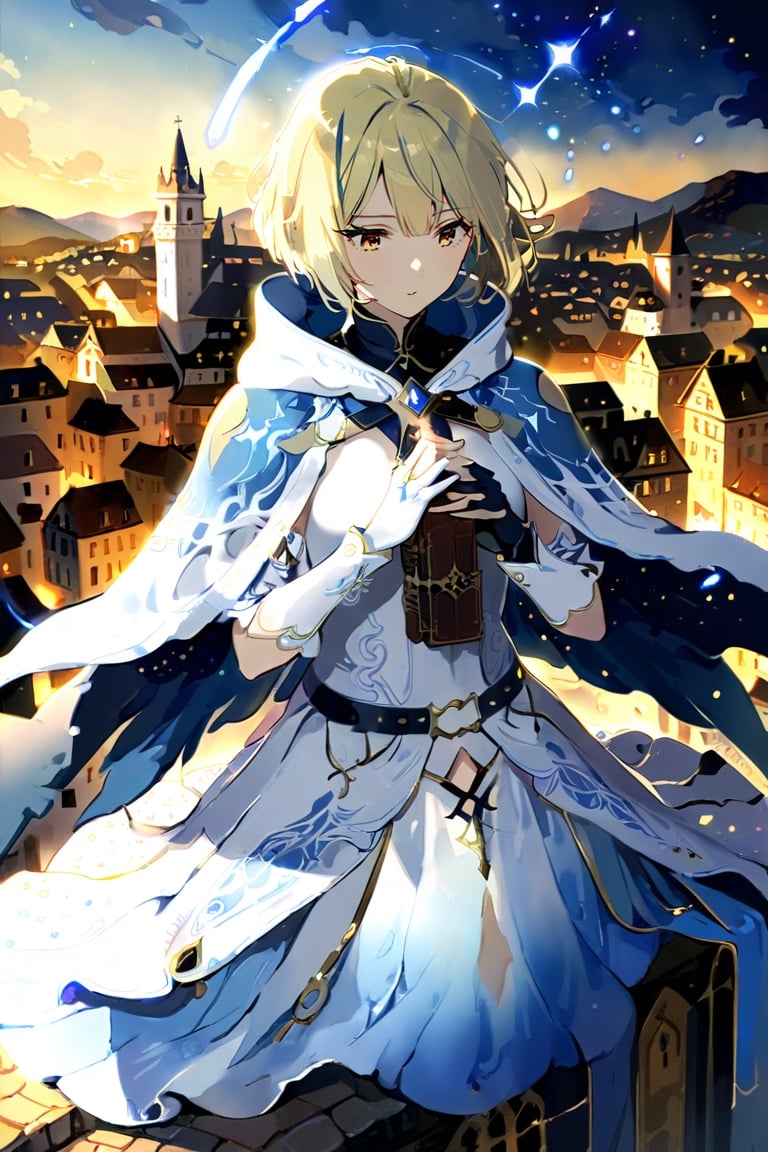 High detail, high quality, masterpiece, beautiful, dark, yellow eyes, (blonde hair, short hair, bob, strands), priestess attire, (white dress, long skirt, light blue details, belt), (long fingerless formal gloves), (white high-heeled boots, white leather), (celestial blue hooded cape), small, slender, small bust, 1 young woman, serious, thoughtful gaze, holding a bible to her chest with both hands, medieval city background.