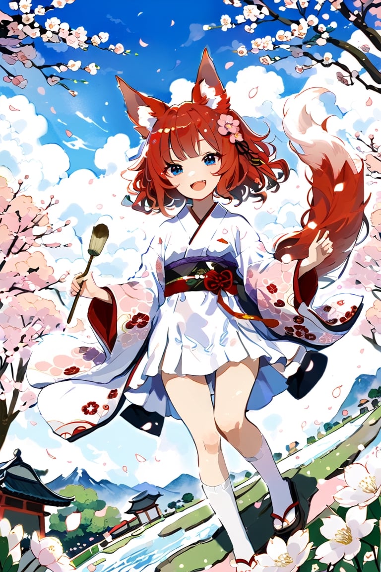 High detail, high quality, masterpiece, beautiful, dark, sky-blue eyes, fox ears, three nine tails, fangs, furry tails, tails, kitsune, (lavender kimono, sakura design, pink obi), white tabi socks, zori sandal, (light red hair, curly hair, medium-lenght hair, cherry hairpin), 1 little lady, child, girl, kid, small, thin, slim, elegant, smiling, smile, happy face, painting with brush, canvas, garden background, cherry blossom, cherry tree, falling petals, flowers