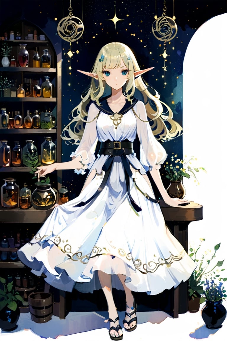 High detail, high quality, masterpiece, beautiful, dark, bright blue eyes, pale skin, pointed ears, elf ears, elf, high elf, hi-elf, (light blonde hair, short, wavy, bob), (white dress, long skirt, fit and flare, fabric belt, thick belt, v neckline), sandals, gemini zodiac sign, zodiac, 1 young lady, woman, solo, tall, slim, slender, skinny, small breast, delicated, timid gaze, drugstore background, flowers, flower, herb, herbs, mint, potions, potion, cauldron, jar, jars, shelf, shelves