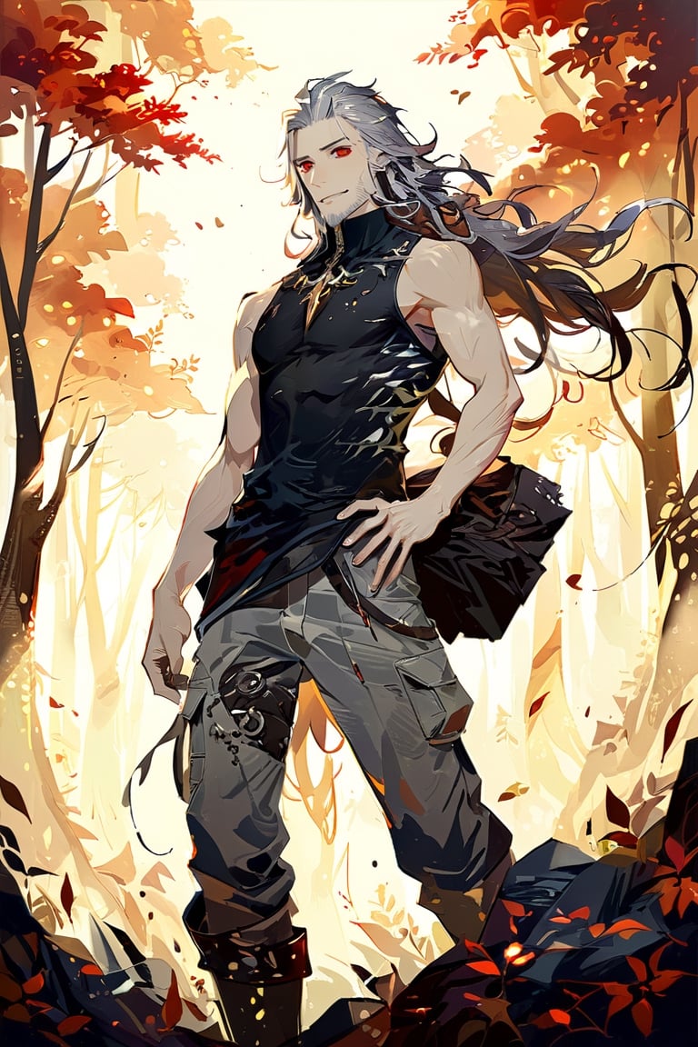 High detail, high quality, masterpiece, beautiful, dark, (light grey hair, long hair, messy hair), black sclera, red eyes, unkempt beard, beard, muscular, (tight sleeveless, black shirt), (light brown, cargo pants), (medium-height boots, coffee color), 1 adult man, solo, small smile, melancholic gaze, smiling towards the front, one hand on the hip, forest background, late afternoon