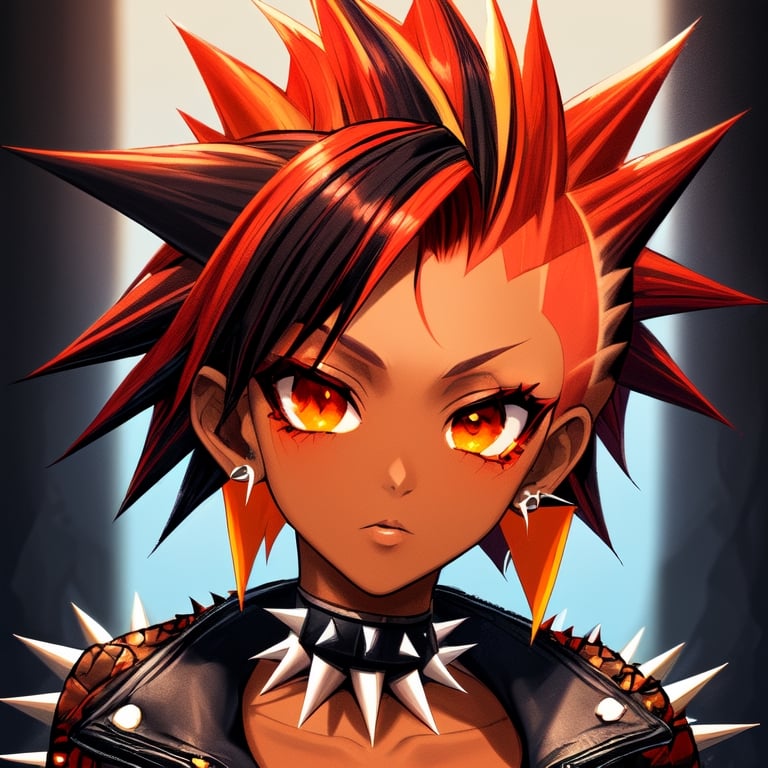 a very cool mature woman with punk hair, portrait, 1girl, solo, jewelry, earrings, portrait, multicolored hair,dark skinned woman, dark skin, small breasts, short hair, red hair, spiked punk hairstyle, orange eyes, spike collar, spike bracelet