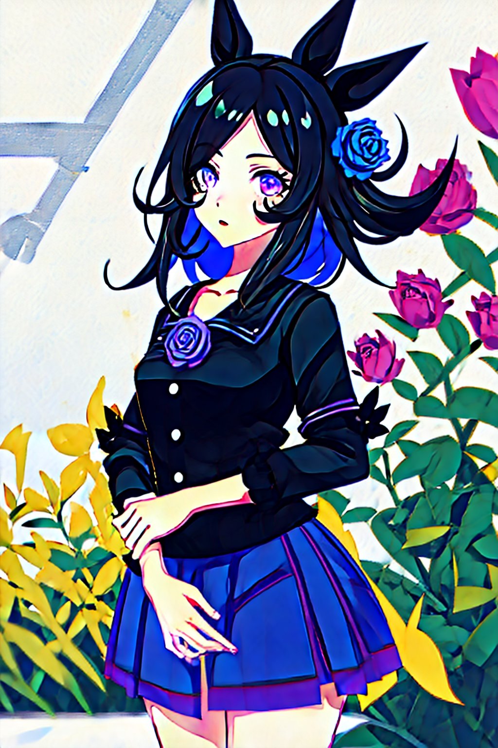 A blue-haired girl, with bangs in her left eye, with a purple rose, horse ears, not too big or too small, with a very tight black shirt and a white skirt, medium short black jeans,<lora:659111690174031528:1.0>