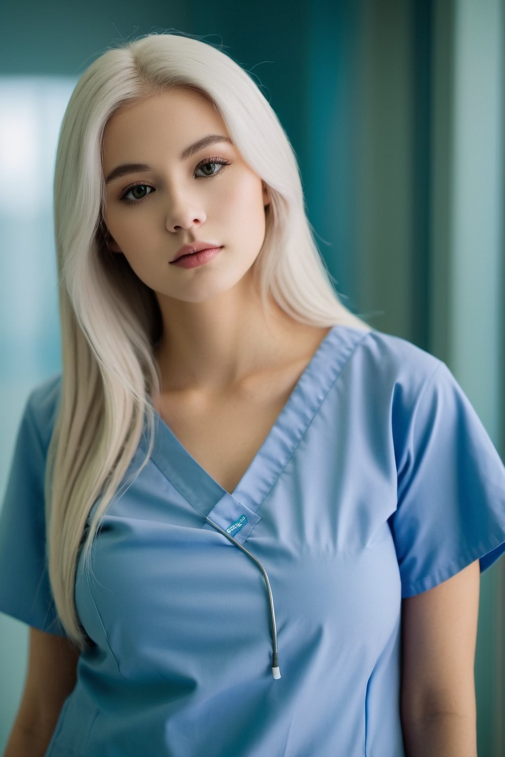 The 20-year-old girl with long white hair and( huge boobs:1.8) is wearing a nurse v-neck outfit in a hospital setting. The photo is taken with a digital camera, emphasizing soft lighting to create a warm and inviting atmosphere. The composition focuses on the girl's face, showcasing her youthful features. The angle of the shot is slightly from above to highlight her figure. The color scheme is predominantly white and blue, reflecting the sterile yet comforting environment of the hospital.