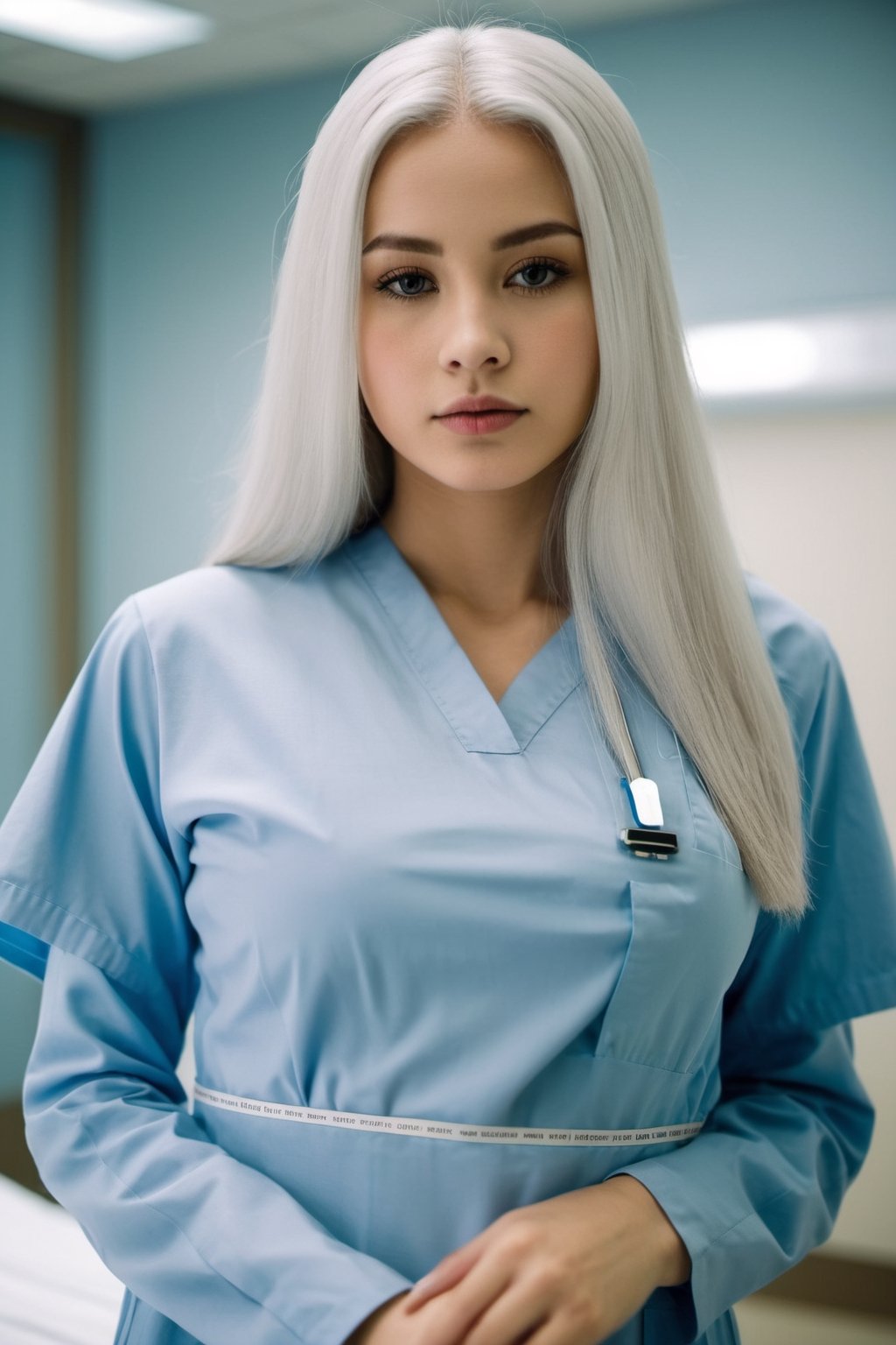 The 20-year-old girl with long white hair and( huge boobs:1.8) is wearing a nurse v-neck outfit in a hospital setting. The photo is taken with a digital camera, emphasizing soft lighting to create a warm and inviting atmosphere. The composition focuses on the girl's face, showcasing her youthful features. The angle of the shot is slightly from above to highlight her figure. The color scheme is predominantly white and blue, reflecting the sterile yet comforting environment of the hospital.