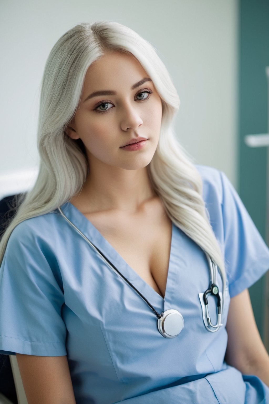 The 20-year-old girl with long white hair and( huge boobs:1.8) is wearing a nurse v-neck outfit in a hospital setting. The photo is taken with a digital camera, emphasizing soft lighting to create a warm and inviting atmosphere. The composition focuses on the girl's face, showcasing her youthful features. The angle of the shot is slightly from above to highlight her figure. The color scheme is predominantly white and blue, reflecting the sterile yet comforting environment of the hospital.