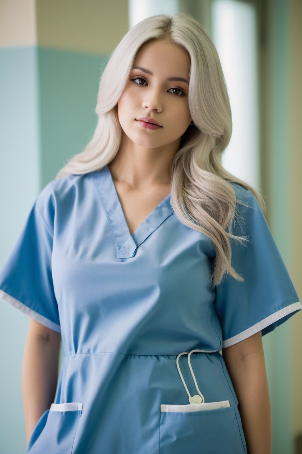 The 20-year-old girl with long white hair and( huge boobs:1.8) is wearing a nurse v-neck outfit in a hospital setting. The photo is taken with a digital camera, emphasizing soft lighting to create a warm and inviting atmosphere. The composition focuses on the girl's face, showcasing her youthful features. The angle of the shot is slightly from above to highlight her figure. The color scheme is predominantly white and blue, reflecting the sterile yet comforting environment of the hospital.