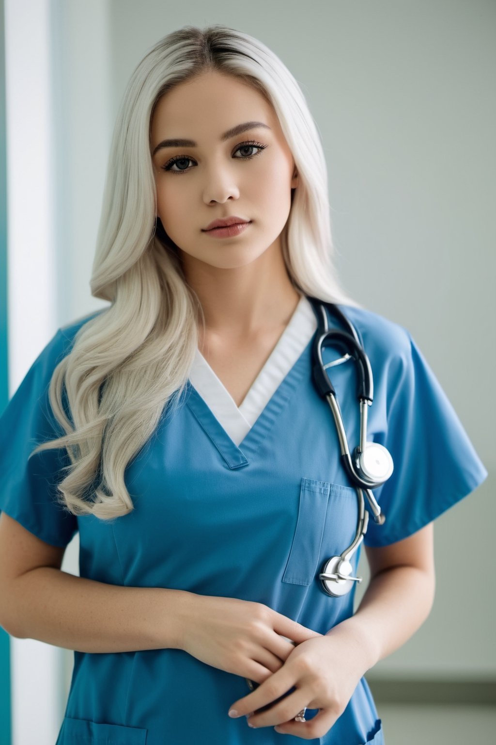 The 20-year-old girl with long white hair and( huge boobs:1.8) is wearing a nurse v-neck outfit in a hospital setting. The photo is taken with a digital camera, emphasizing soft lighting to create a warm and inviting atmosphere. The composition focuses on the girl's face, showcasing her youthful features. The angle of the shot is slightly from above to highlight her figure. The color scheme is predominantly white and blue, reflecting the sterile yet comforting environment of the hospital.