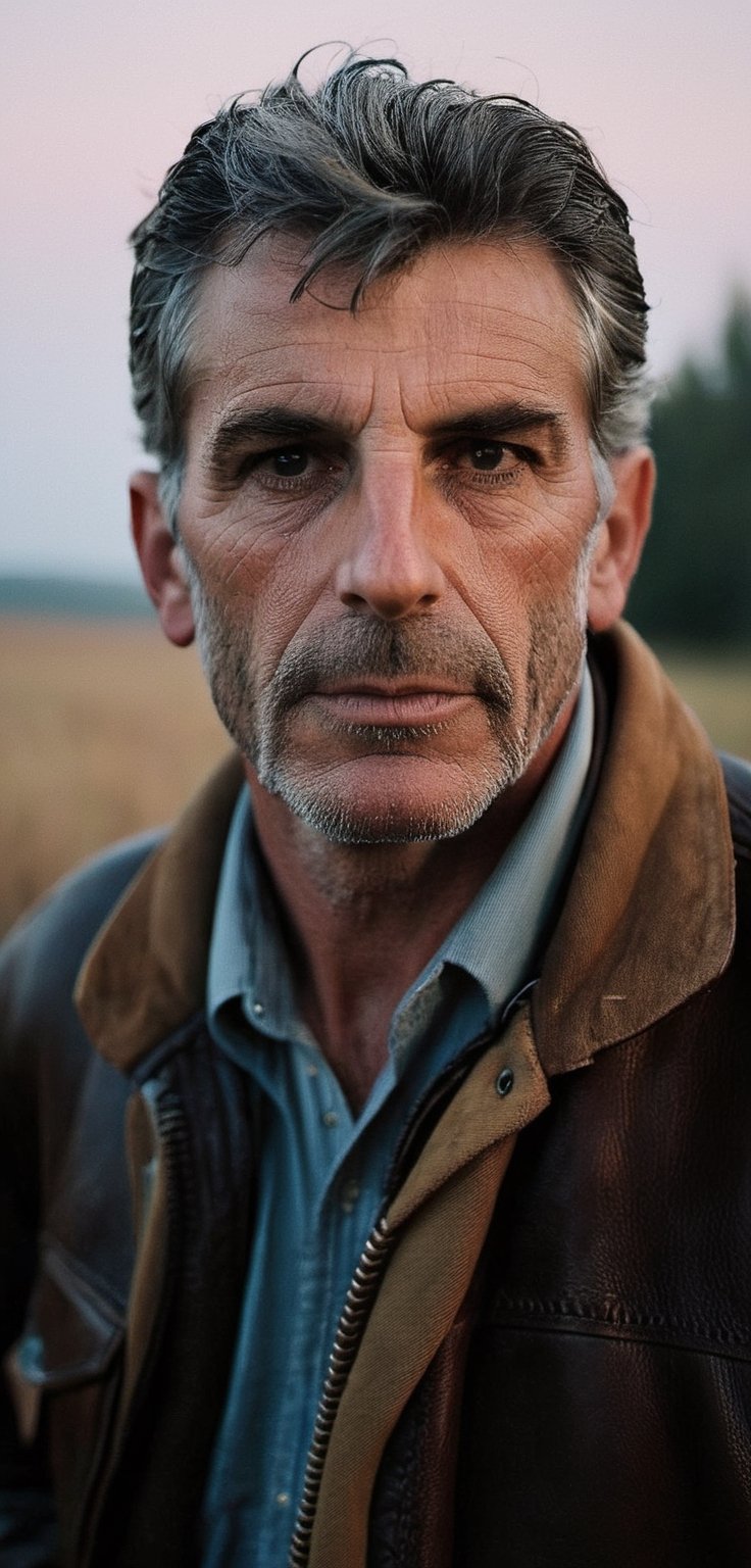 A Leica M6 captures a portrait of a man with a contemplative gaze, his eyes a reservoir of untold stories. The diffused light of the overcast sky softens his rugged features and highlights the subtle furrow of his brow. He's wearing a worn leather jacket that tells of adventures past, contrasting with the soft, earthy tones of the fading daylight. The angle of the shot is such that the light seems to cradle his face. In the background, a misty forest looms, its edges blurred, echoing the introspective mood. The air is crisp, signaling the onset of fall, and adding a tactile dimension to the scene.