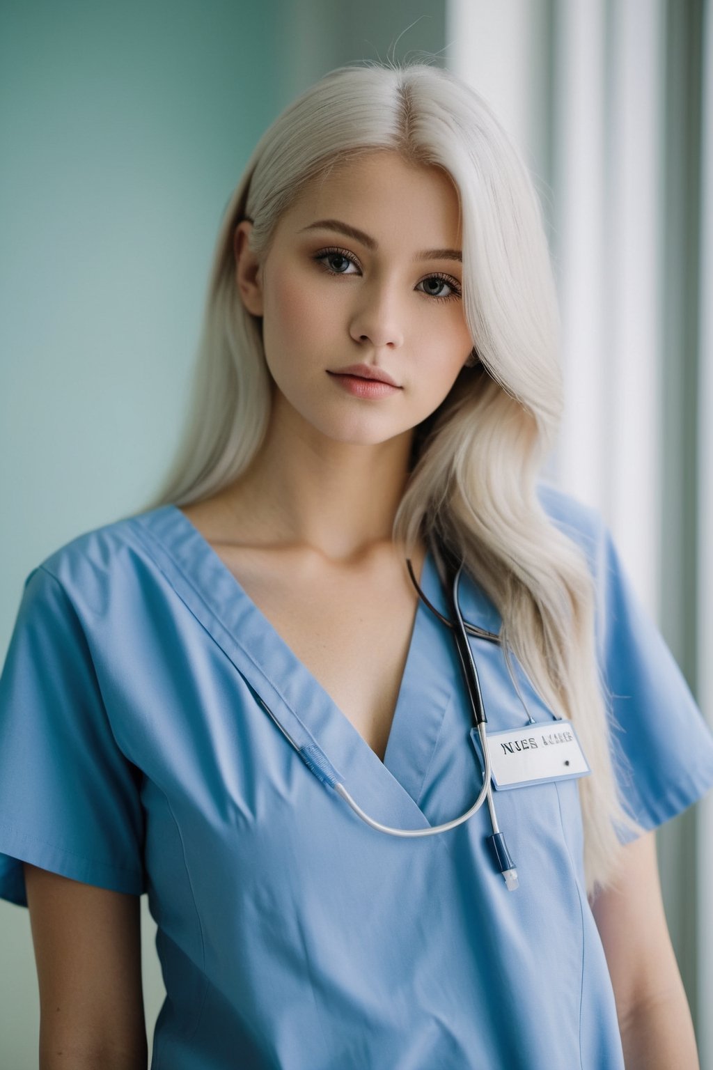 The 20-year-old girl with long white hair and( huge boobs:1.8) is wearing a nurse v-neck outfit in a hospital setting. The photo is taken with a digital camera, emphasizing soft lighting to create a warm and inviting atmosphere. The composition focuses on the girl's face, showcasing her youthful features. The angle of the shot is slightly from above to highlight her figure. The color scheme is predominantly white and blue, reflecting the sterile yet comforting environment of the hospital.