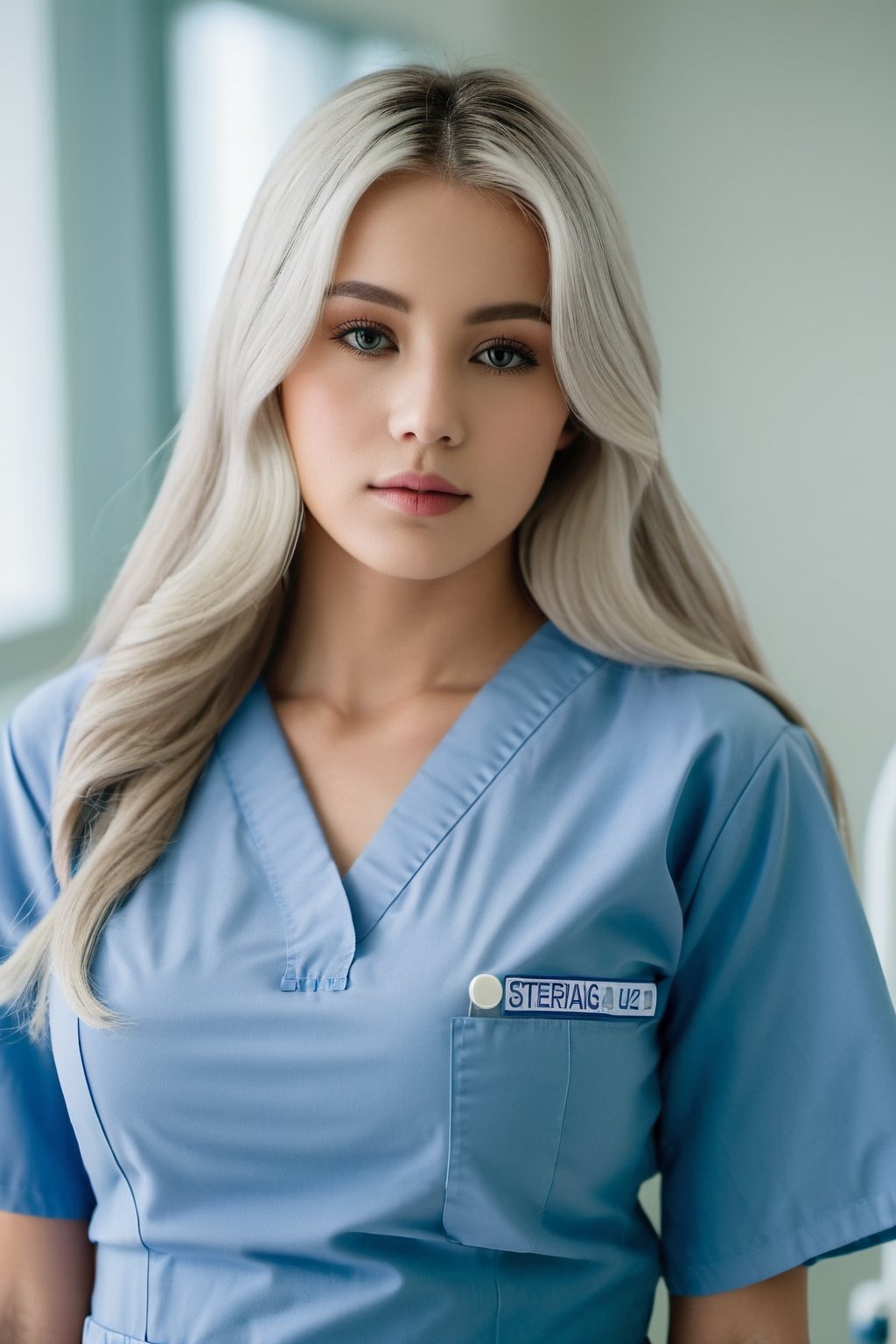 The 20-year-old girl with long white hair and( huge boobs:1.8) is wearing a nurse v-neck outfit in a hospital setting. The photo is taken with a digital camera, emphasizing soft lighting to create a warm and inviting atmosphere. The composition focuses on the girl's face, showcasing her youthful features. The angle of the shot is slightly from above to highlight her figure. The color scheme is predominantly white and blue, reflecting the sterile yet comforting environment of the hospital.