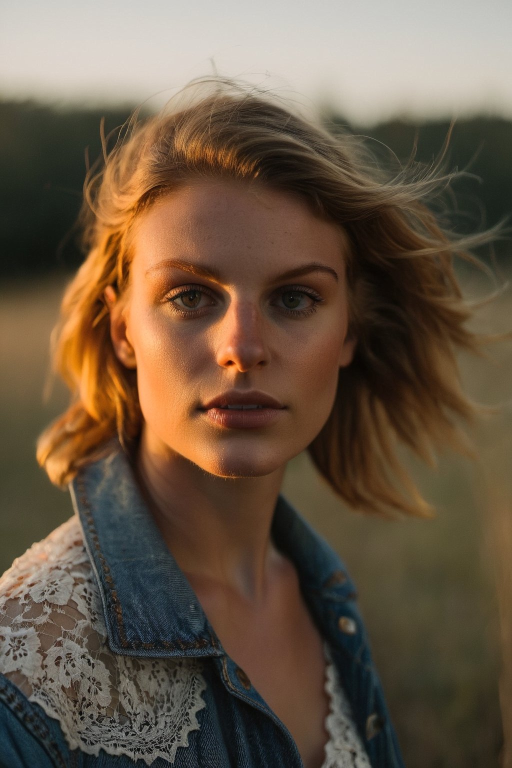 The DSLR camera focuses intimately on a woman's visage, revealing the faintest glimmer of joy in her eyes. Her skin is bathed in the soft, golden light of a late afternoon sun, casting a celestial glow. She's adorned in a vintage denim jacket, a contrast to the delicate lace of her dress beneath. The light falls from the side, creating a dynamic contrast and depth. Behind her, an autumnal park blurs into a mosaic of oranges and reds, the overcast sky hinting at the crisp chill of an impending evening. The atmosphere is one of quiet anticipation, the season's turn captured in a single, ephemeral moment.