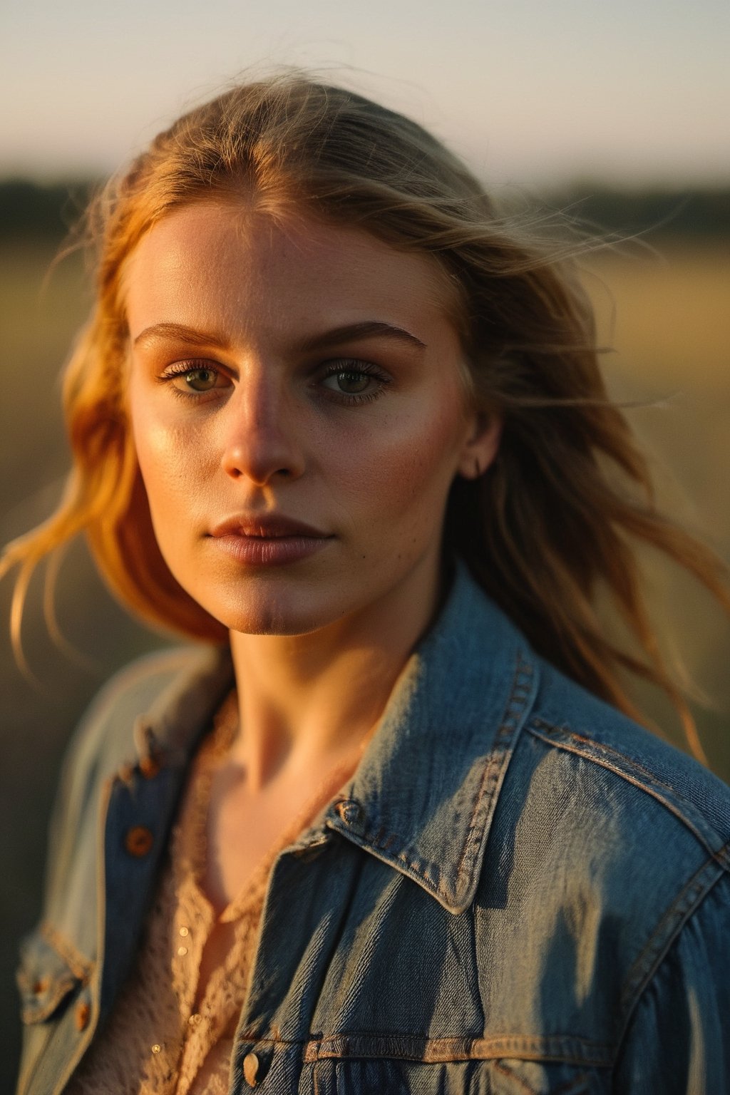 The DSLR camera focuses intimately on a woman's visage, revealing the faintest glimmer of joy in her eyes. Her skin is bathed in the soft, golden light of a late afternoon sun, casting a celestial glow. She's adorned in a vintage denim jacket, a contrast to the delicate lace of her dress beneath. The light falls from the side, creating a dynamic contrast and depth. Behind her, an autumnal park blurs into a mosaic of oranges and reds, the overcast sky hinting at the crisp chill of an impending evening. The atmosphere is one of quiet anticipation, the season's turn captured in a single, ephemeral moment.