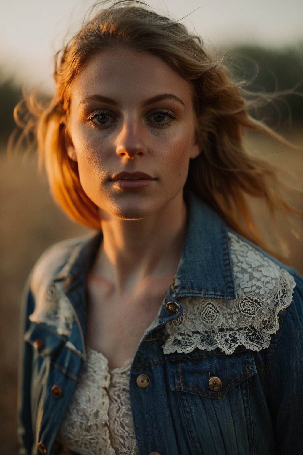 The DSLR camera focuses intimately on a woman's visage, revealing the faintest glimmer of joy in her eyes. Her skin is bathed in the soft, golden light of a late afternoon sun, casting a celestial glow. She's adorned in a vintage denim jacket, a contrast to the delicate lace of her dress beneath. The light falls from the side, creating a dynamic contrast and depth. Behind her, an autumnal park blurs into a mosaic of oranges and reds, the overcast sky hinting at the crisp chill of an impending evening. The atmosphere is one of quiet anticipation, the season's turn captured in a single, ephemeral moment.