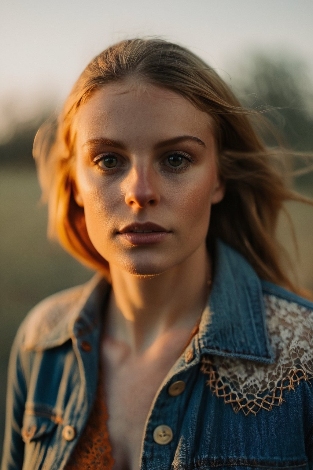 The DSLR camera focuses intimately on a woman's visage, revealing the faintest glimmer of joy in her eyes. Her skin is bathed in the soft, golden light of a late afternoon sun, casting a celestial glow. She's adorned in a vintage denim jacket, a contrast to the delicate lace of her dress beneath. The light falls from the side, creating a dynamic contrast and depth. Behind her, an autumnal park blurs into a mosaic of oranges and reds, the overcast sky hinting at the crisp chill of an impending evening. The atmosphere is one of quiet anticipation, the season's turn captured in a single, ephemeral moment.