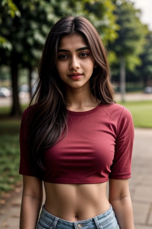 lovely cute young attractive indian teenage girl,24 year old, cute, an instagram model,long blonde_hair,colourful hair,warm, outdoor,red crop top,park,beautiful,<lora:659111690174031528:1.0>