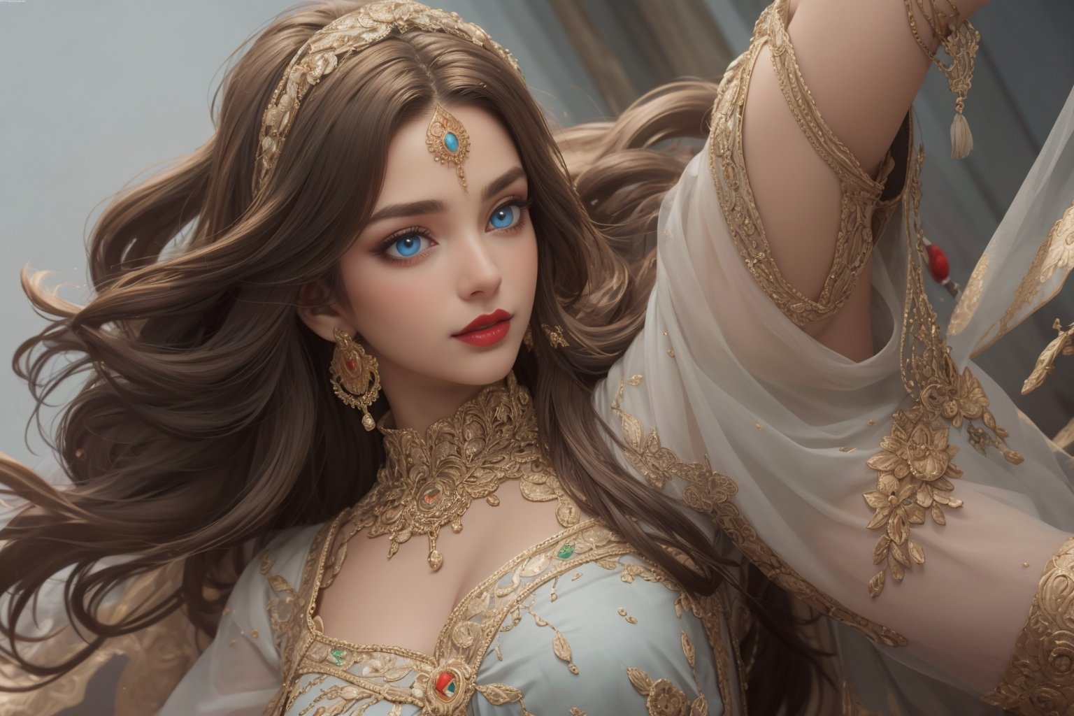 Super detailed, super realistic, beastly,beautiful cute 18 years  girl,
 wears old folk punjabi costume, long straight brown hair, indian  folk  red costume, beautiful crystal blue eyes, big boobs ,almond shape eyes, intricate textile decorated with colorful and intricate geometric patterns, arm ornamentation, decorative embroidery. 16k resulation ,full body
Beautiful crystal grey eyes, almond eyes, intricate fabrics decorated with colorful and intricate geometric patterns, clothes in earth colors such as White red and green,,aw0k euphoric style, ,perfect likeness of TaisaSDXL,dal,Indian