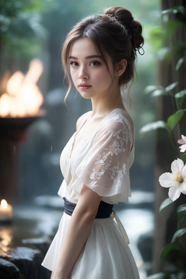 1girl,8k wallpaper,extremely detailed figure, amazing beauty, detailed characters, pure, cute, innocent, hair tied up, white trendy dress, light and shadow, depth of field, light spot, reflection,upper body, Japan hot spring, slim face, aesthetic portrait, 