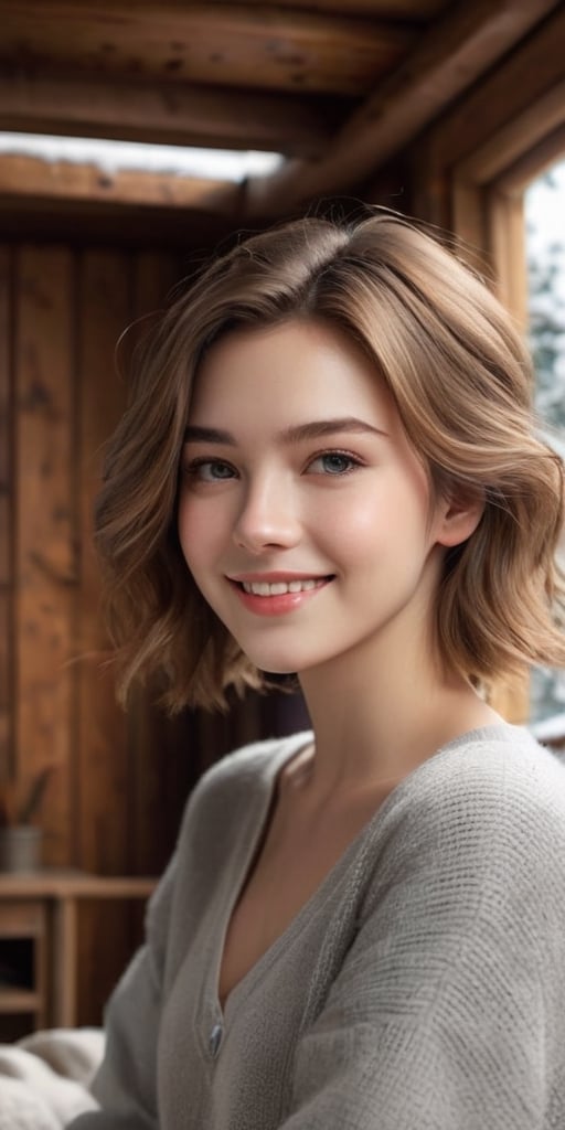 20yo,  long  light brown short hair, looking smart and bright, with a smile on her face, looking charming and cute. inside a wooden  house, conjacent sides of walls with big windows, snowing outside the big windows behind, fireplace , sitting on the bed .

Super real, extremely realistic, realistic style, photo style, movie style,Perfect beautiful female face,european women,1girl,Dynamic poses, dynamic angle shot