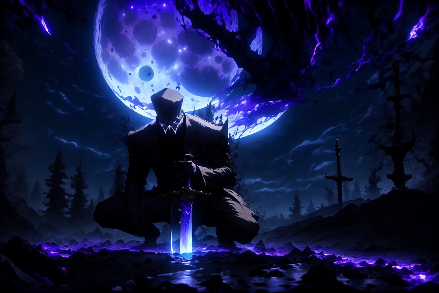 masterpiece, bestquality,I want a sinister man on his knees with the sword in front of him stuck in the ground, aura all over his body, dark, purple lights in the background and a dark sky with the waning moon.,r1ge.