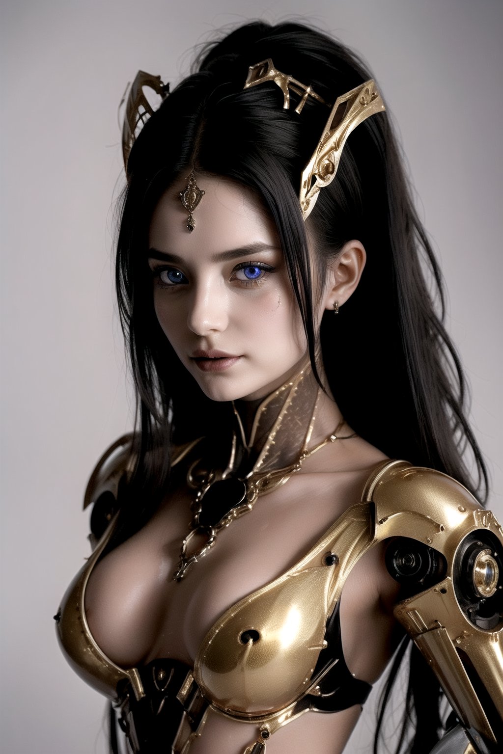(photorealistic: 1.2),  good anathomy, good proportions, Her body is made of metals and carbon fiber polished with a golden color, despite being a metallic body she still maintains her feminine face, with delicate features, eyes as blue as the sky, full lips, face gentle. Extremely long hair, very straight hair. Her head is topped with an intricate headdress adorned with sparkling crystals and delicate filigree, adding an air of royalty to her already majestic bearing. Her body is filled with mechanized and moving parts as well as some precious stones representing the royal family. each ending in delicate metal fingers or tentacles. The robotic nature of her form is further emphasized by the way she appears to float effortlessly above the ground, her movements fluid and graceful despite the obvious artificiality of her construction. She stands in a dimly lit chamber, the light reflecting off the polished metal surface of her, casting an otherworldly glow around her.,3va,photorealistic,,Detailedface,perfecteyes eyes,purple theme, monochrome
