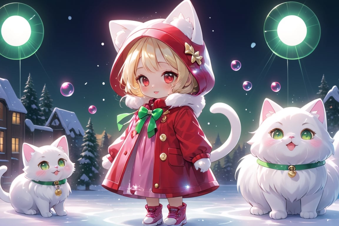 vtuber,Blonde girl,short hair,ruby-like eyes,red eyes,long red eyelashes,red lips, wearing a red snow hat with a white fur ball on the top,a purple starfish on the hat,white fur on the edge of the hat,and a red coat,coat with gold buttons,green skirt,green bow on the neck,green sneakers,gold laces,singing in front of microphone,holding a sleeping furry white cat,white cat wearing a pink bow on its head,surrounded by bubbles,shining point,concert,colorful stage lighting,no people,Tetris game background