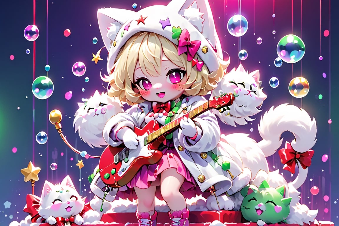 Blonde girls,playing electric guitar,short hair,red eyes,long red eyelashes,red lips,wearing a red snow hat with a white fur ball on the top,a purple starfish on the hat,white fur on the edge of the hat,and a red coat,coat with gold buttons,green skirt,green bow on the neck,green sneakers,gold laces, no gloves,singing in front of microphone,sleeping furry white cat audience,white cat wearing a pink bow on head,surrounded by bubbles,shining point,concert,colorful stage lighting,no people,Tetris game background,anime,naked bandage