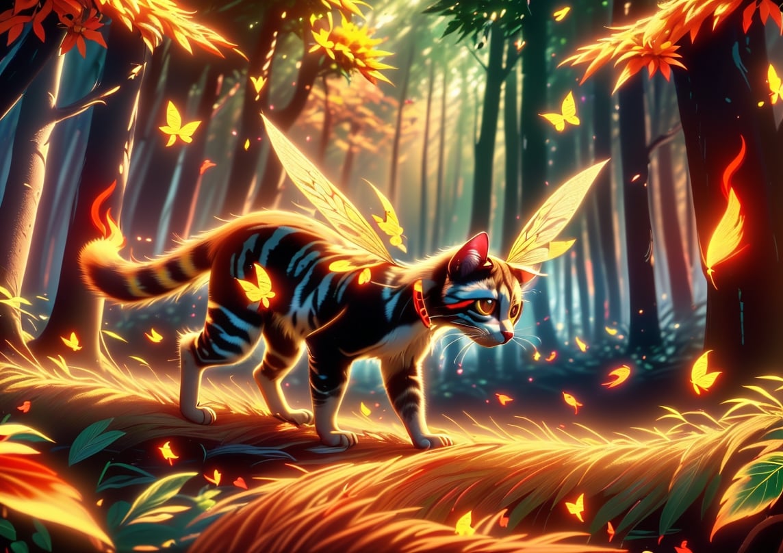 1civet cat walks to right in the forest,have wings,orange fire,flowing feathers, chrysanthemum butterfly,golden leaves,background light is evenly distributed,there is fire in the lower right corner of the screen,forest fire background,burning ground,fire everywhere,orange light butterflys everywhere