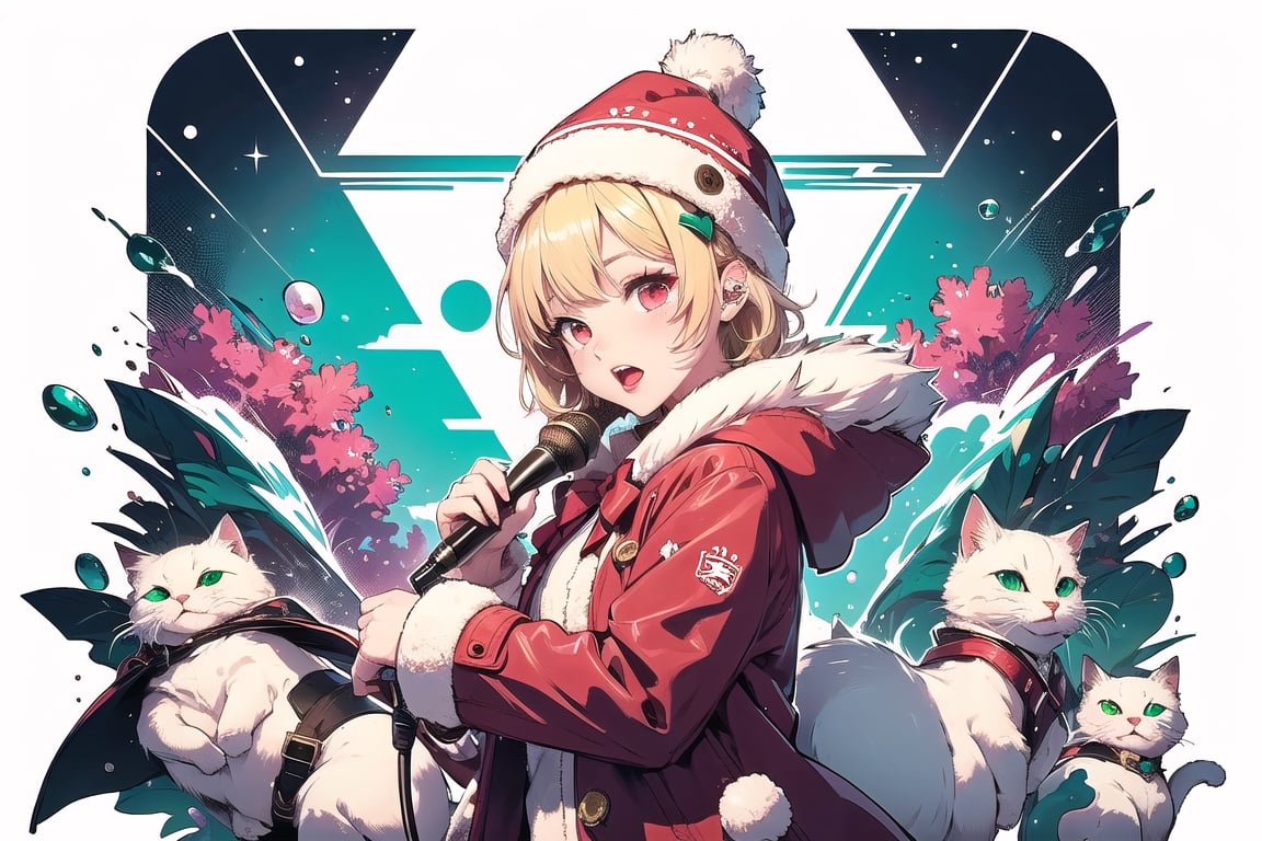 solo,Blonde woman,singing,playing electric guitar,short hair,red eyes,long red eyelashes,red lips,wearing a red snow hat with a white fur ball on the top,a purple starfish on the hat,white fur on the edge of the hat,and a red coat,coat with gold buttons,green skirt,green bow on the neck,green sneakers,gold laces, no gloves,singing in front of microphone,sleeping furry white cat audience,white cat wearing a pink bow on head,surrounded by bubbles,shining point,concert,colorful stage lighting,no people,Tetris game background