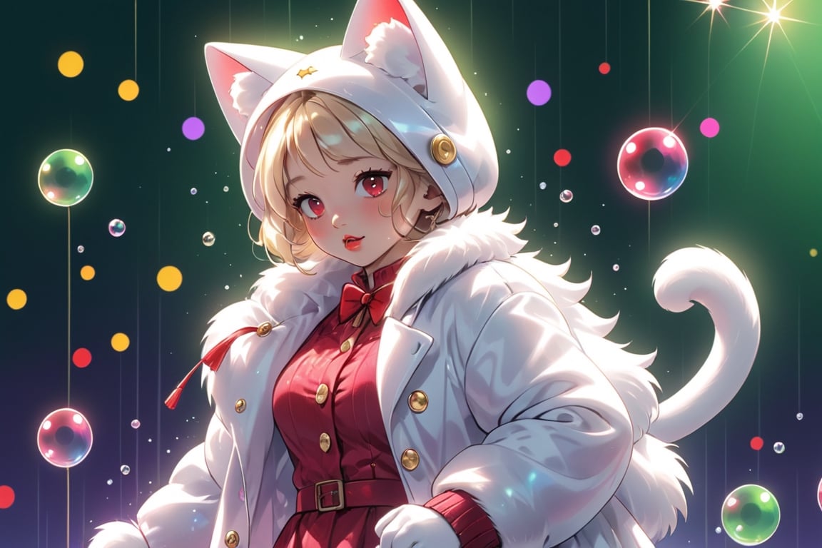 Blonde woman,singing,playing electric guitar,short hair,red eyes,long red eyelashes,red lips,wearing a red snow hat with a white fur ball on the top,a purple starfish on the hat,white fur on the edge of the hat,and a red coat,coat with gold buttons,green skirt,green bow on the neck,green sneakers,gold laces, no gloves,singing in front of microphone,sleeping furry white cat audience,white cat wearing a pink bow on head,surrounded by bubbles,shining point,concert,colorful stage lighting,no people,Tetris game background,anime