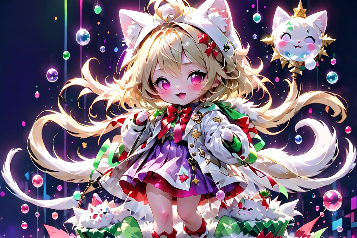 Blonde girls,playing electric guitar,short hair,red eyes,long red eyelashes,red lips,wearing a red snow hat with a white fur ball on the top,a purple starfish on the hat,white fur on the edge of the hat,and a red coat,coat with gold buttons,green skirt,green bow on the neck,green sneakers,gold laces, no gloves,singing in front of microphone,sleeping furry white cat audience,white cat wearing a pink bow on head,surrounded by bubbles,shining point,concert,colorful stage lighting,no people,Tetris game background,anime,glass