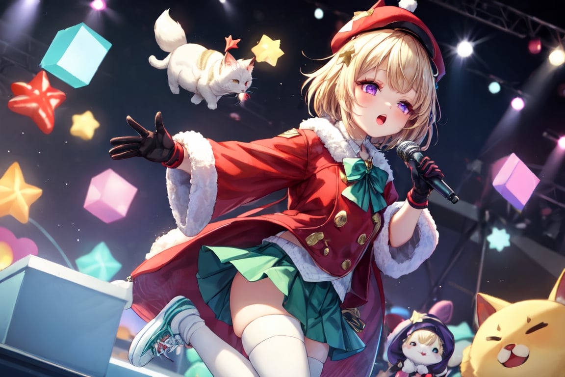 Blonde girl,short hair,ruby-like eyes,long red eyelashes,red lips, wearing a red snow hat with a white fur ball on the top,a purple starfish on the hat,white fur on the edge of the hat,and a red coat,coat with gold buttons,green skirt,green bow on the neck,green sneakers,gold laces, no gloves,singing in front of microphone,surrounded by sleeping furry white cat,white cat wearing a pink bow on its head,surrounded by bubbles,shining point,concert,colorful stage lighting,no people,Tetris game background