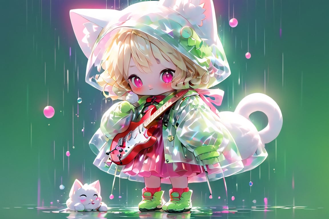 Blonde girl,playing electric guitar,short hair,red eyes,long red eyelashes,red lips,wearing a red snow hat with a white fur ball on the top,a purple starfish on the hat,white fur on the edge of the hat,and a red coat,coat with gold buttons,green skirt,green bow on the neck,green sneakers,gold laces, no gloves,singing in front of microphone,sleeping furry white cat audience,white cat wearing a pink bow on head,surrounded by bubbles,shining point,concert,colorful stage lighting,no people,Tetris game background
