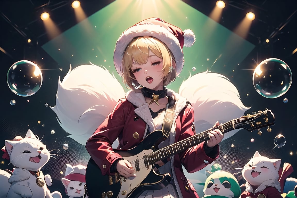 solo,Blonde woman,singing,playing electric guitar,short hair,red eyes,long red eyelashes,red lips,wearing a red snow hat with a white fur ball on the top,a purple starfish on the hat,white fur on the edge of the hat,and a red coat,coat with gold buttons,green skirt,green bow on the neck,green sneakers,gold laces, no gloves,singing in front of microphone,sleeping furry white cat audience,white cat wearing a pink bow on head,surrounded by bubbles,shining point,concert,colorful stage lighting,no people,Tetris game background