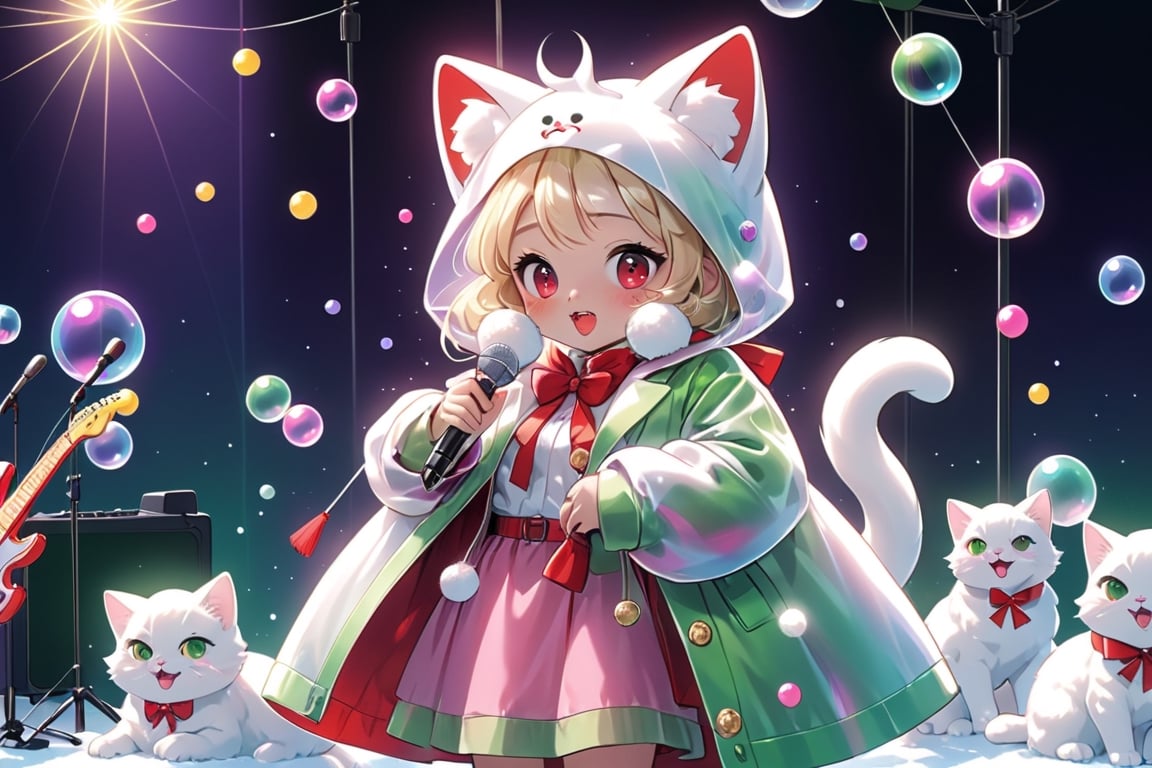 Blonde woman,singing,playing electric guitar,short hair,red eyes,long red eyelashes,red lips,wearing a red snow hat with a white fur ball on the top,a purple starfish on the hat,white fur on the edge of the hat,and a red coat,coat with gold buttons,green skirt,green bow on the neck,green sneakers,gold laces, no gloves,singing in front of microphone,sleeping furry white cat audience,white cat wearing a pink bow on head,surrounded by bubbles,shining point,concert,colorful stage lighting,no people,Tetris game background,anime