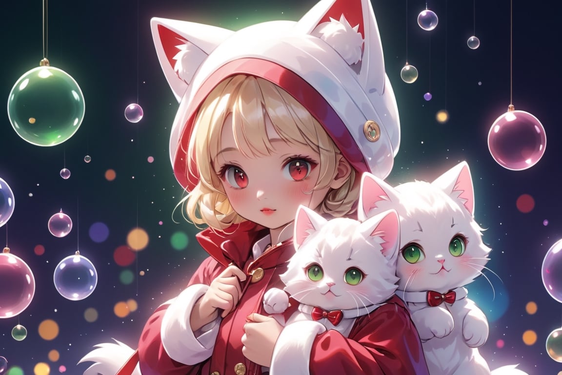 vtuber,Blonde girl,short hair,ruby-like eyes,red eyes,long red eyelashes,red lips, wearing a red snow hat with a white fur ball on the top,a purple starfish on the hat,white fur on the edge of the hat,and a red coat,coat with gold buttons,green skirt,green bow on the neck,green sneakers,gold laces,singing in front of microphone,holding a sleeping furry white cat,white cat wearing a pink bow on its head,surrounded by bubbles,shining point,concert,colorful stage lighting,no people,Tetris game background