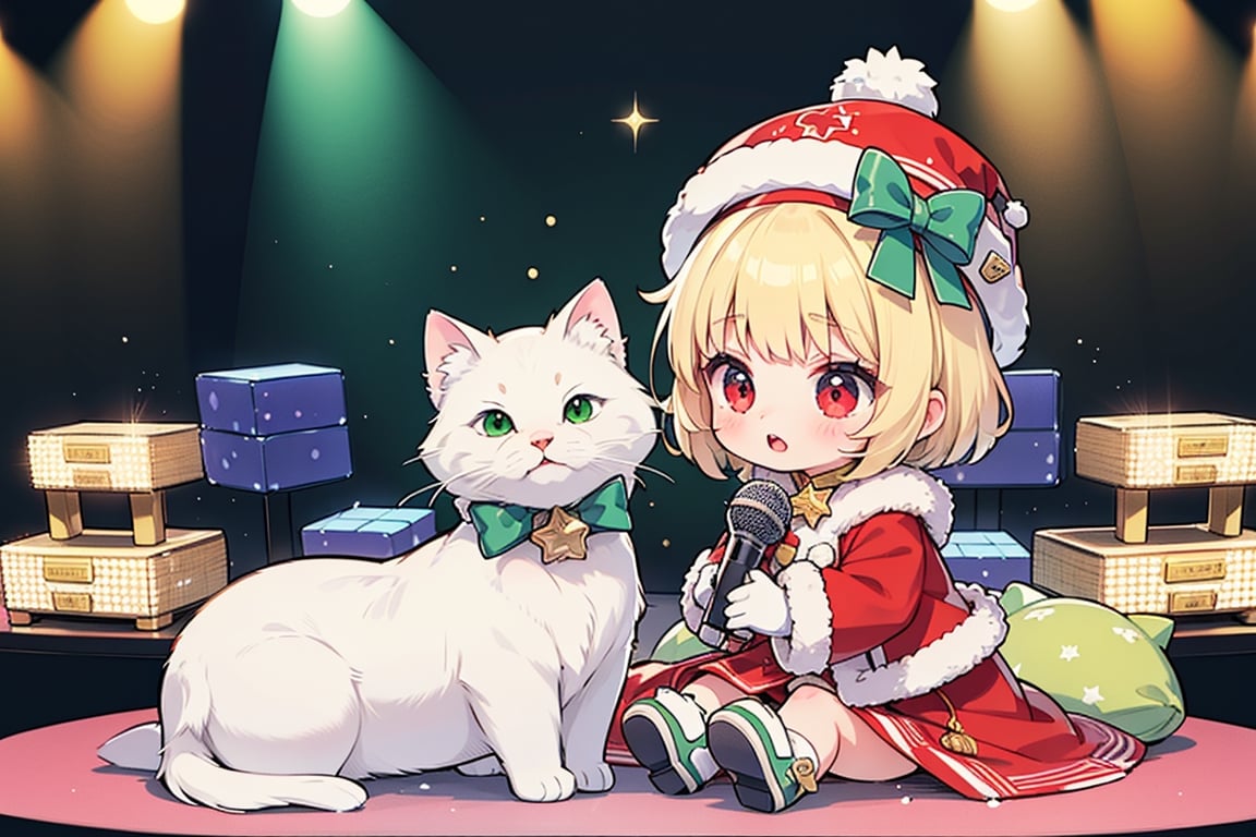 Blonde girl,short hair,red eyes,long red eyelashes,red lips, wearing a red snow hat with a white fur ball on the top,a purple starfish on the hat,white fur on the edge of the hat,and a red coat,coat with gold buttons,green skirt,green bow on the neck,green sneakers,gold laces, no gloves,singing in front of microphone,surrounded by sleeping furry white cat,white cat wearing a pink bow on its head,surrounded by bubbles,shining point,concert,colorful stage lighting,no people,Tetris game background