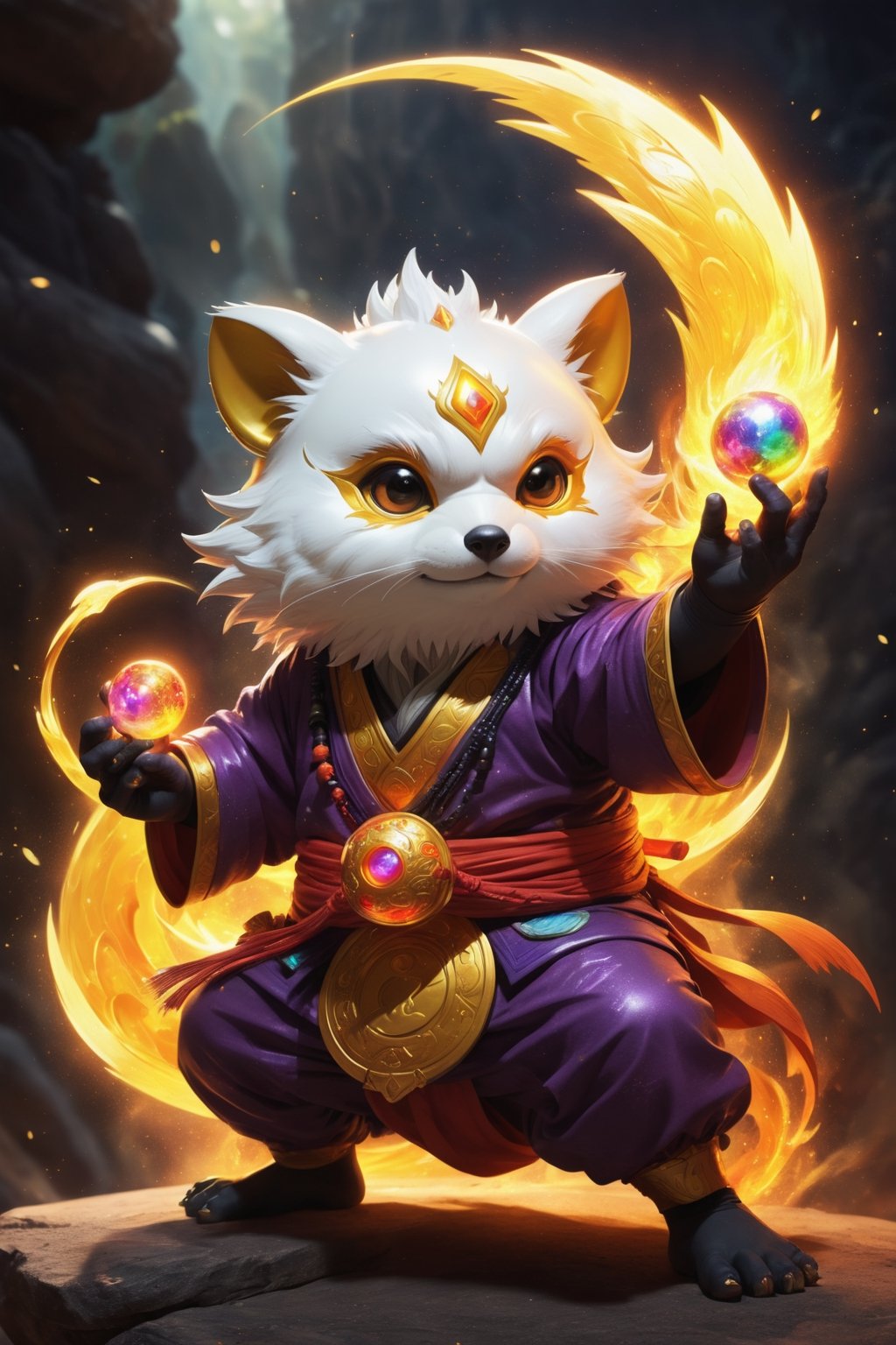 1Ninja tanuki,fighting,7 color Ninja outfit,7 color ancient alchemy God,holding cosmic ball,chanting,7 color shining ancient words everywhere,glowing mantra everywhere,luminous engraving everywhere,seal,strong style,sun king,sun halo,solo,special long white beard,long white eyebrows,gather lightning elixir in the palm of hand,king of glory,focused on  elixir,aim at pill,colorful skin,surrounded by flames,golden butterfly wings,emitting golden light,wearing golden bib short with no shoulder strap on left shoulder,no humans,flame,beam,fire alchemy furnace,thunder pill,crystal cave,crystal background,diamond,gem