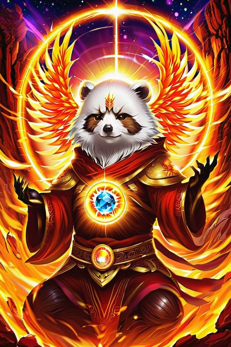 1Ninja tanuki,fighting,7 color Ninja outfit,7 color ancient alchemy God,holding cosmic ball,chanting,7 color shining ancient words everywhere,glowing mantra everywhere,luminous engraving everywhere,seal,strong style,sun king,sun halo,solo,special long white beard,long white eyebrows,gather lightning elixir in the palm of hand,king of glory,focused on  elixir,aim at pill,colorful skin,surrounded by flames,golden butterfly wings,emitting golden light,wearing golden bib short with no shoulder strap on left shoulder,no humans,flame,beam,fire alchemy furnace,thunder pill,crystal cave,crystal background,diamond,gem,tanuki,no human