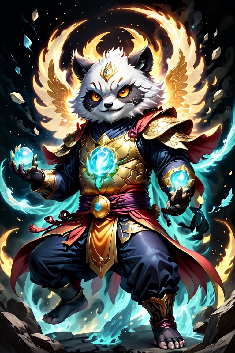 1Ninja tanuki,fighting,7 color Ninja outfit,7 color ancient alchemy God,holding cosmic ball,chanting,7 color shining ancient words everywhere,glowing mantra everywhere,luminous engraving everywhere,seal,strong style,sun king,sun halo,solo,special long white beard,long white eyebrows,gather lightning elixir in the palm of hand,king of glory,focused on  elixir,aim at pill,colorful skin,surrounded by flames,golden butterfly wings,emitting golden light,wearing golden bib short with no shoulder strap on left shoulder,no humans,flame,beam,fire alchemy furnace,thunder pill,crystal cave,crystal background,diamond,gem,tanuki,no human